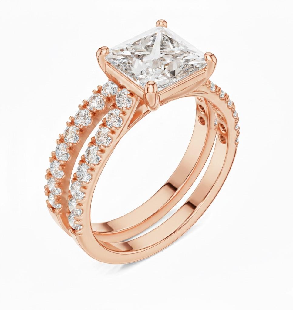 Riora princess cut moissanite diamond engagement ring set with halo and wedding band, elegant bridal jewelry for special occasions