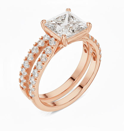 Riora princess cut moissanite diamond engagement ring set with halo and wedding band, elegant bridal jewelry for special occasions