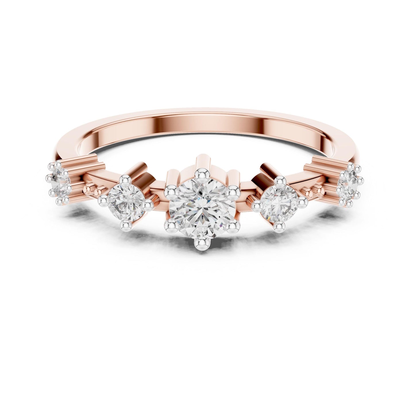 Riora Moissanite five stone vintage crown prong engagement ring with rose gold band, minimalist design, ideal for women.
