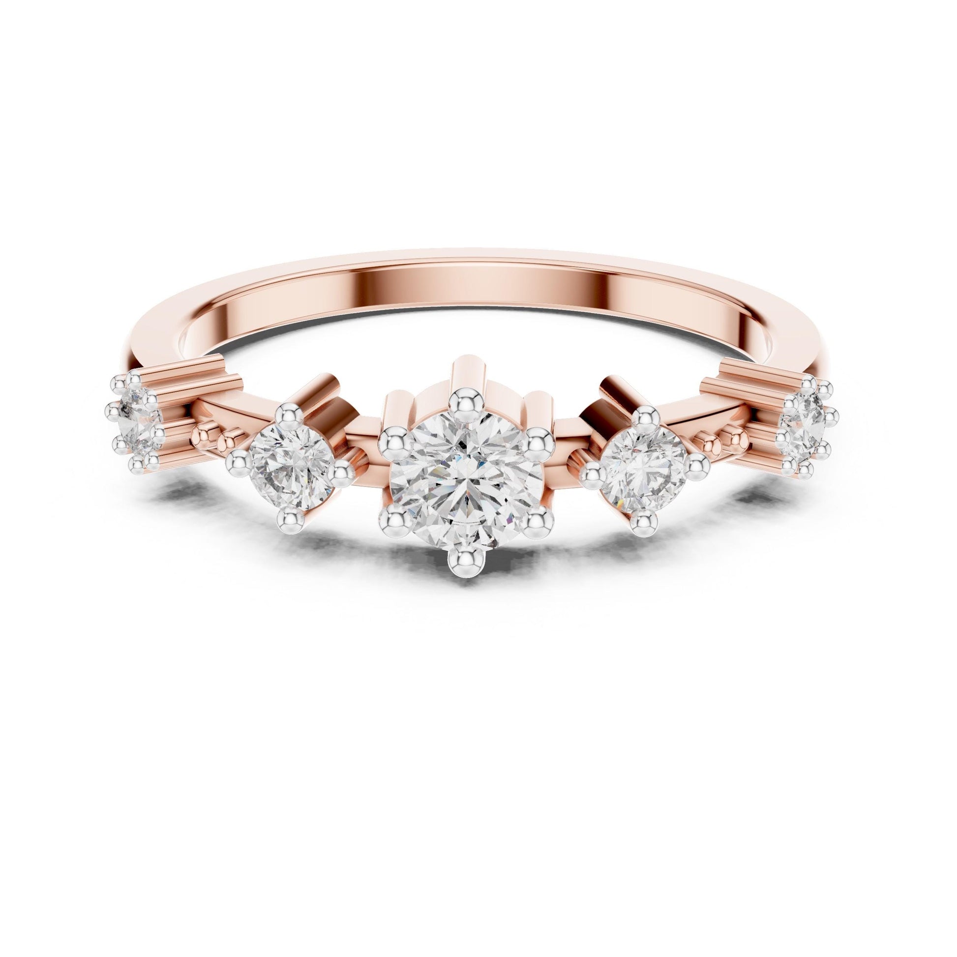 Riora Moissanite five stone vintage crown prong engagement ring with rose gold band, minimalist design, ideal for women.