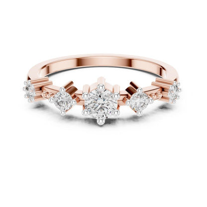 Riora Moissanite five stone vintage crown prong engagement ring with rose gold band, minimalist design, ideal for women.