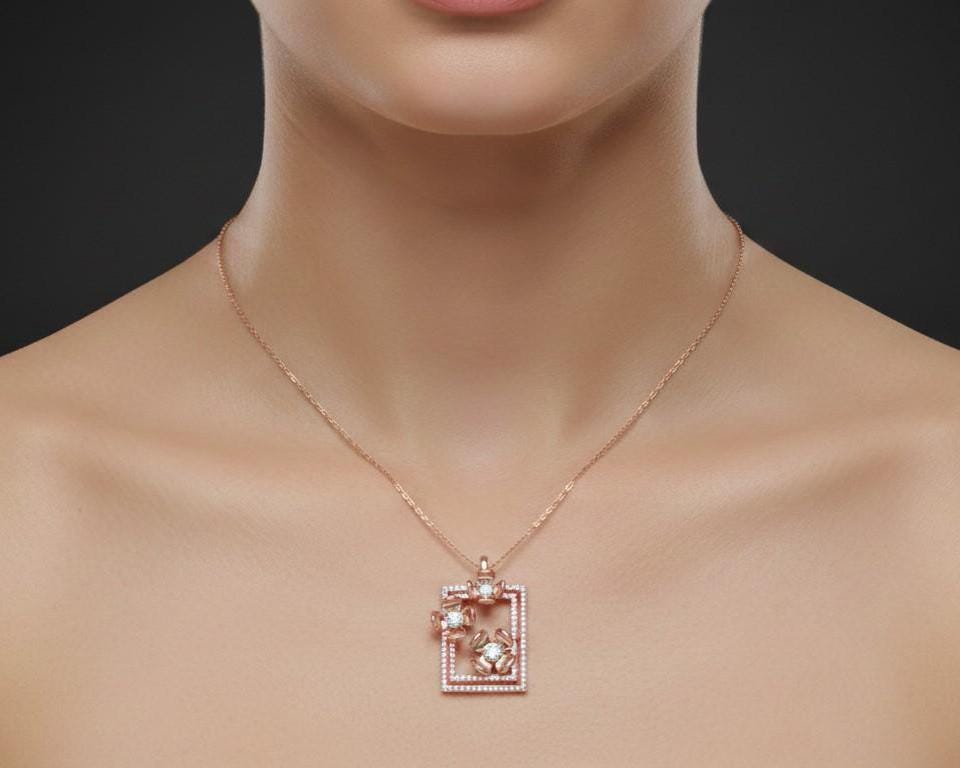 Floral Square Pendant Necklace – Gold Rose Silver, 22in Adjustable Chain, Hypoallergenic Gift for Her