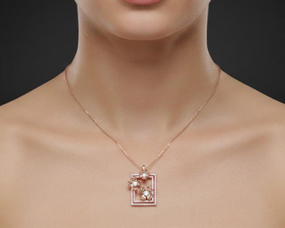 Floral Square Pendant Necklace – Gold Rose Silver, 22in Adjustable Chain, Hypoallergenic Gift for Her