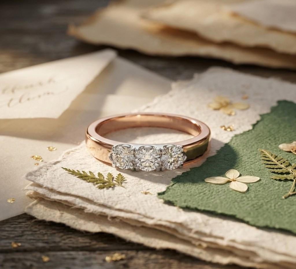 Riora rose gold moissanite wedding band with minimalist design, stackable promise ring for women, featuring small sparkling stones.