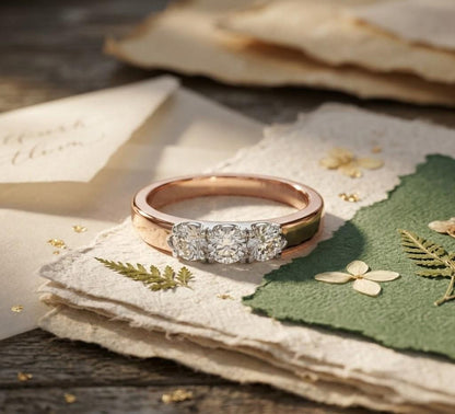 Riora rose gold moissanite wedding band with minimalist design, stackable promise ring for women, featuring small sparkling stones.