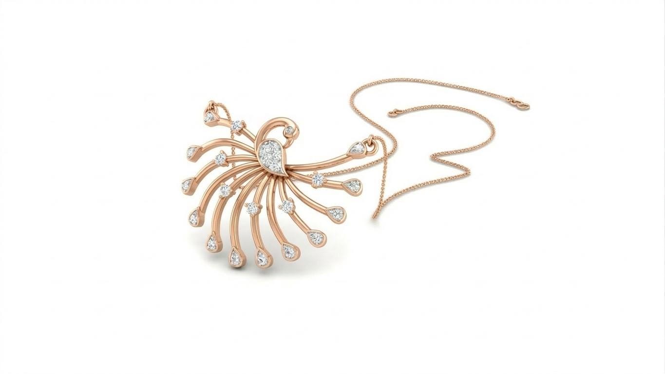 Moissanite peacock necklace with rose gold pendant, elegant bridal jewelry, featuring detailed peacock design for wedding or gift.