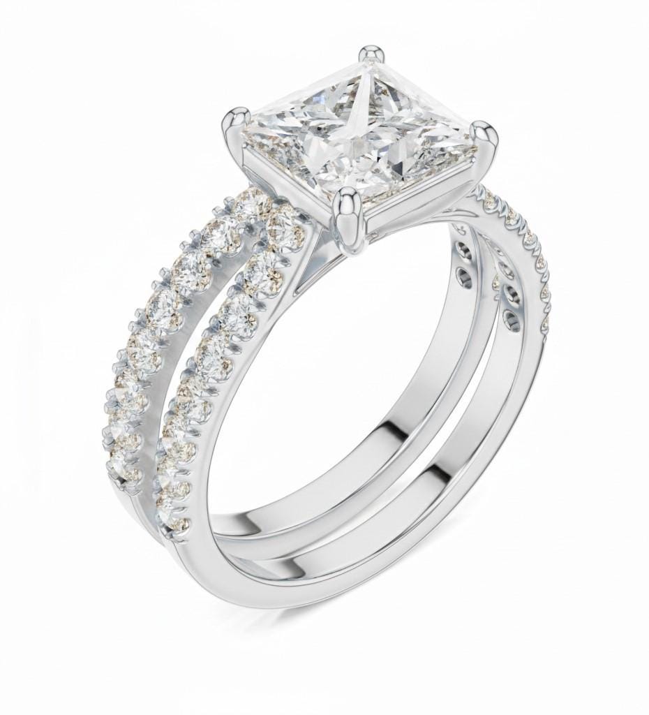 Princess cut moissanite diamond engagement ring set with halo and wedding band, featuring elegant bridal jewelry by Riora.