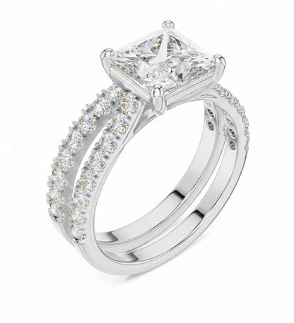 Princess cut moissanite diamond engagement ring set with halo and wedding band, featuring elegant bridal jewelry by Riora.