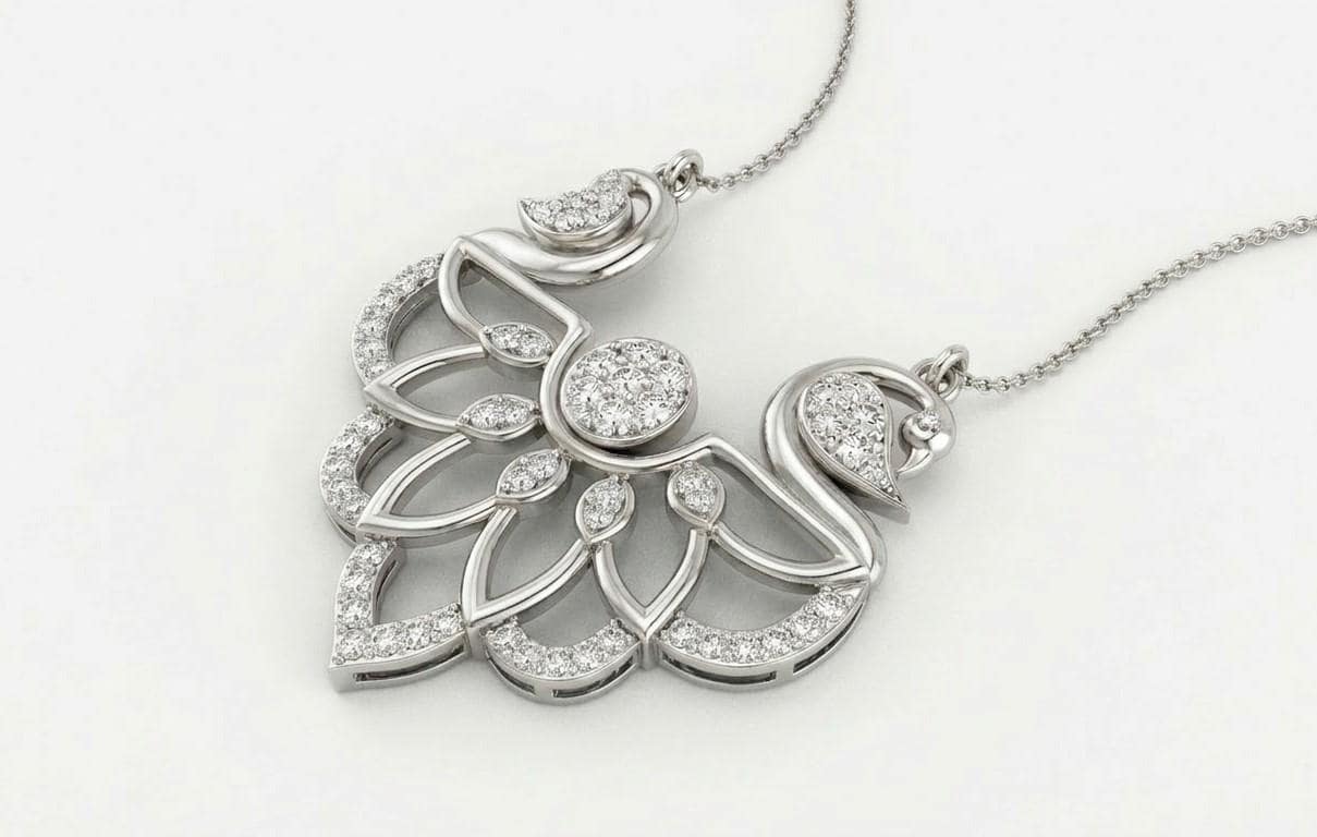 Elegant swan-shaped moissanite necklace in rose gold and silver, luxury bridal pendant with romantic jewelry design.