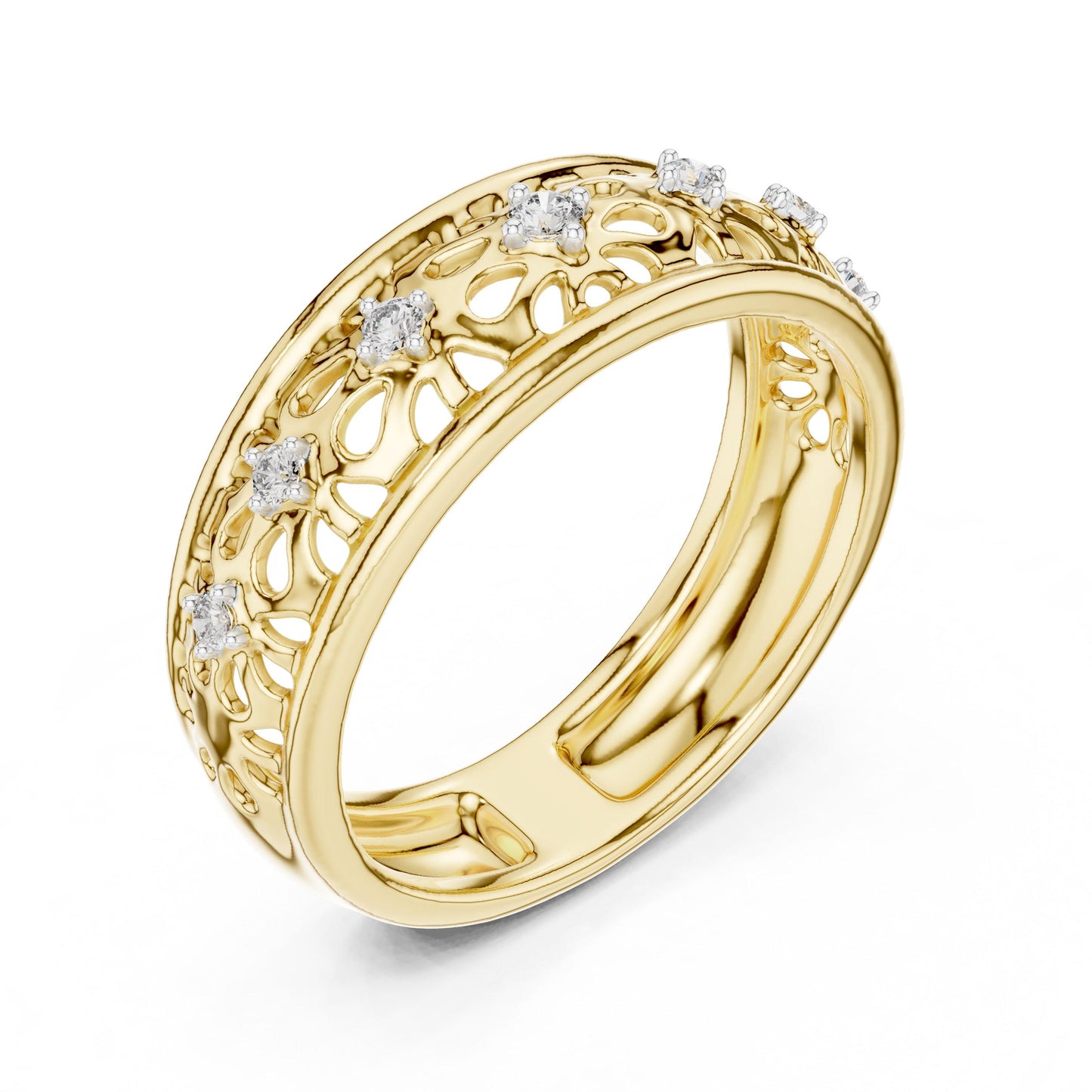 Riora vintage floral moissanite wedding band in rose gold with delicate diamond-style design, perfect for bridal stacking.