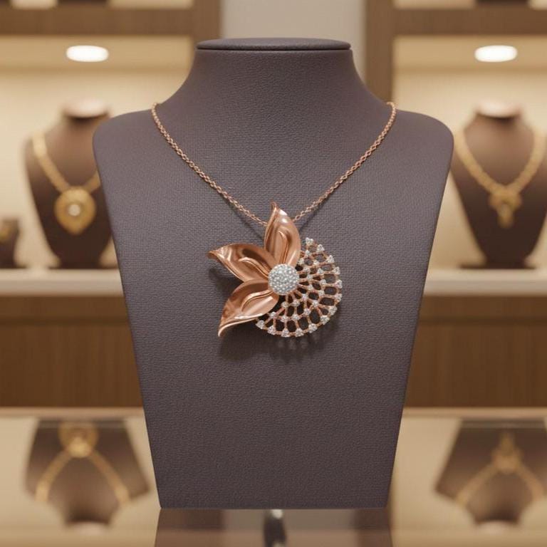Moissanite Flower Pendant Necklace, Gold Rose Silver Floral Charm,  Hypoallergenic Gift for Her