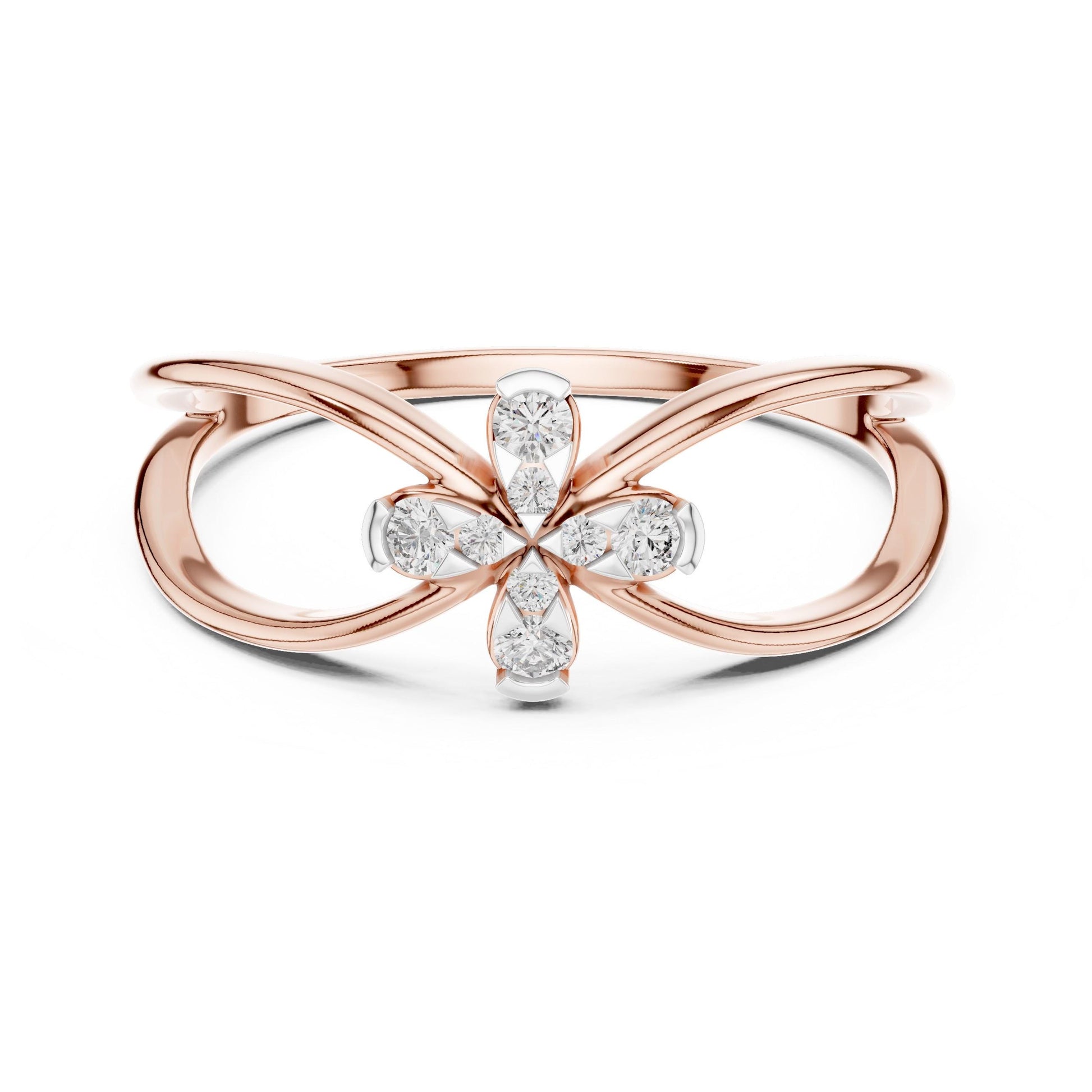 Riora moissanite flower ring with diamond-style floral design, rose gold band, minimalist wedding and engagement ring.