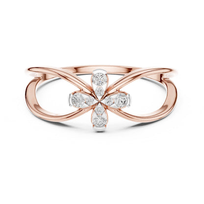 Riora moissanite flower ring with diamond-style floral design, rose gold band, minimalist wedding and engagement ring.