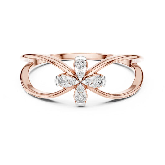 Riora moissanite flower ring with diamond-style floral design, rose gold band, minimalist wedding and engagement ring.