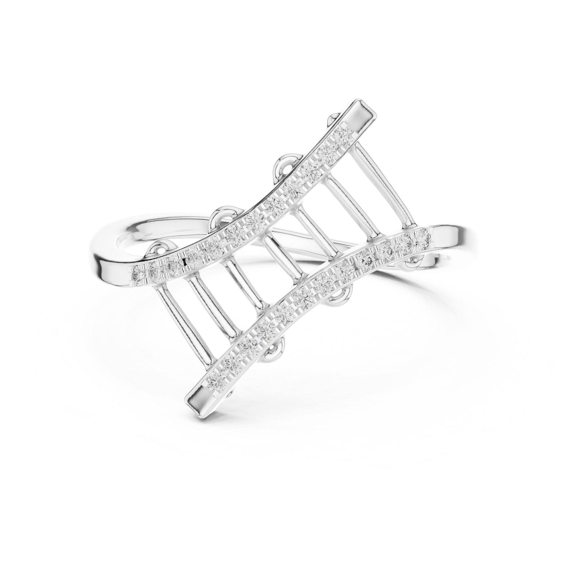 Riora curved moissanite crossover ring with open ladder design in rose gold, minimalist statement band, elegant jewelry accessory