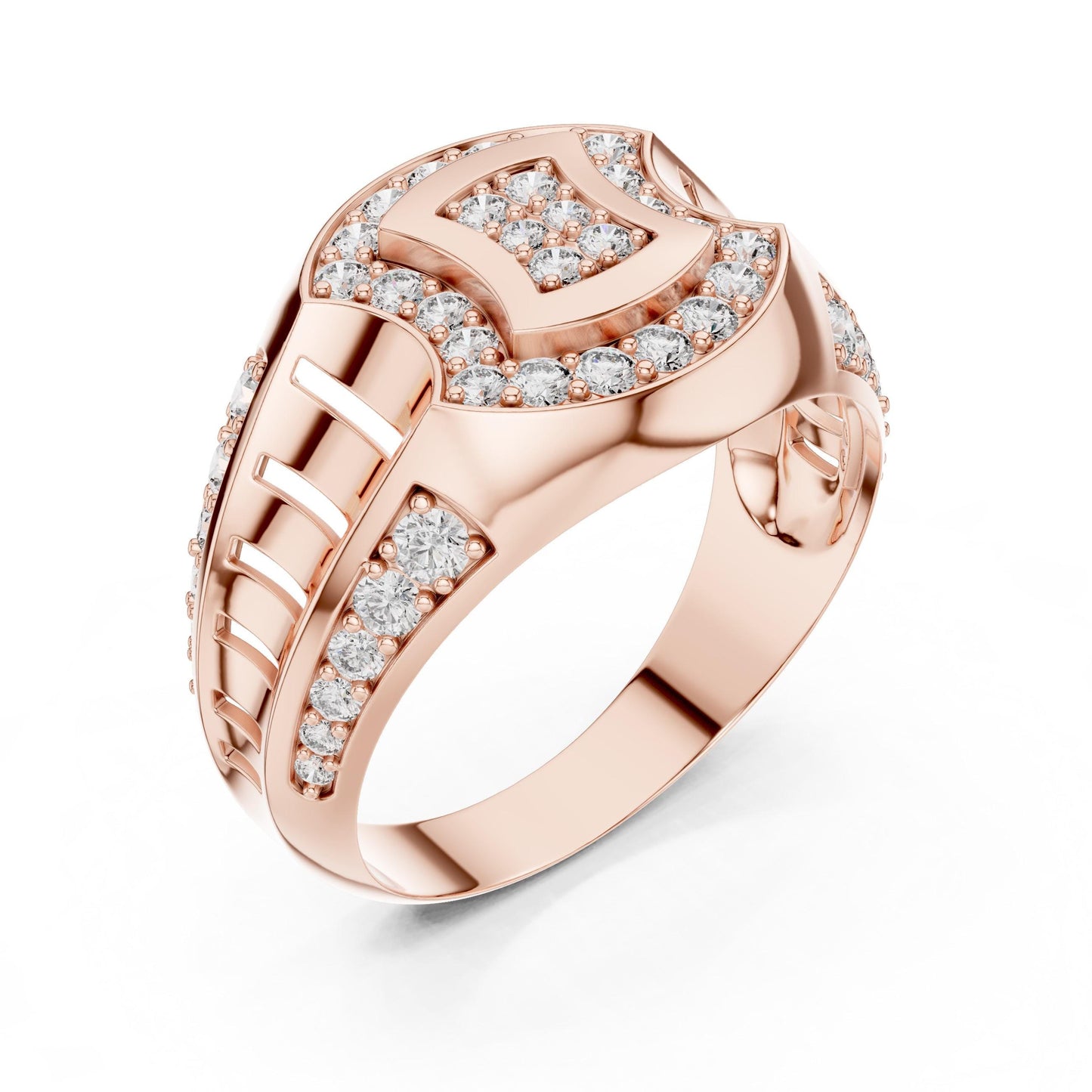 Gold-plated moissanite diamond statement ring for women, bold cocktail and bridal jewelry by Riora.