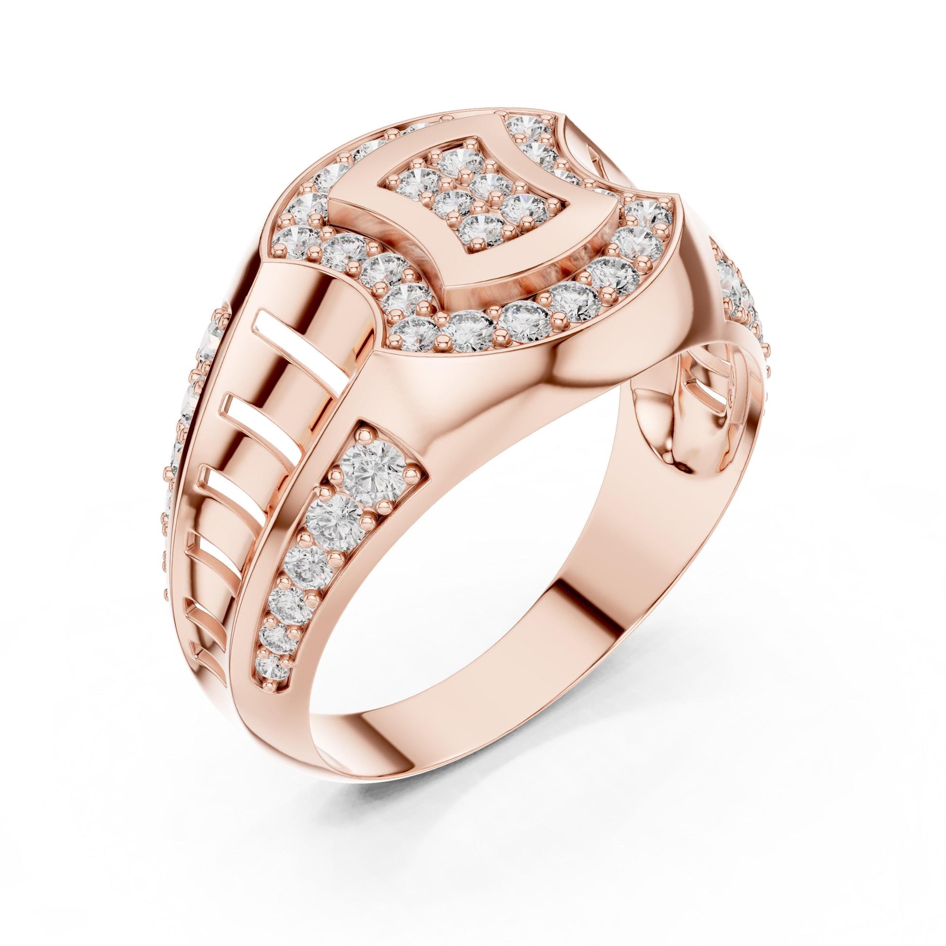 Gold-plated moissanite diamond statement ring for women, bold cocktail and bridal jewelry by Riora.