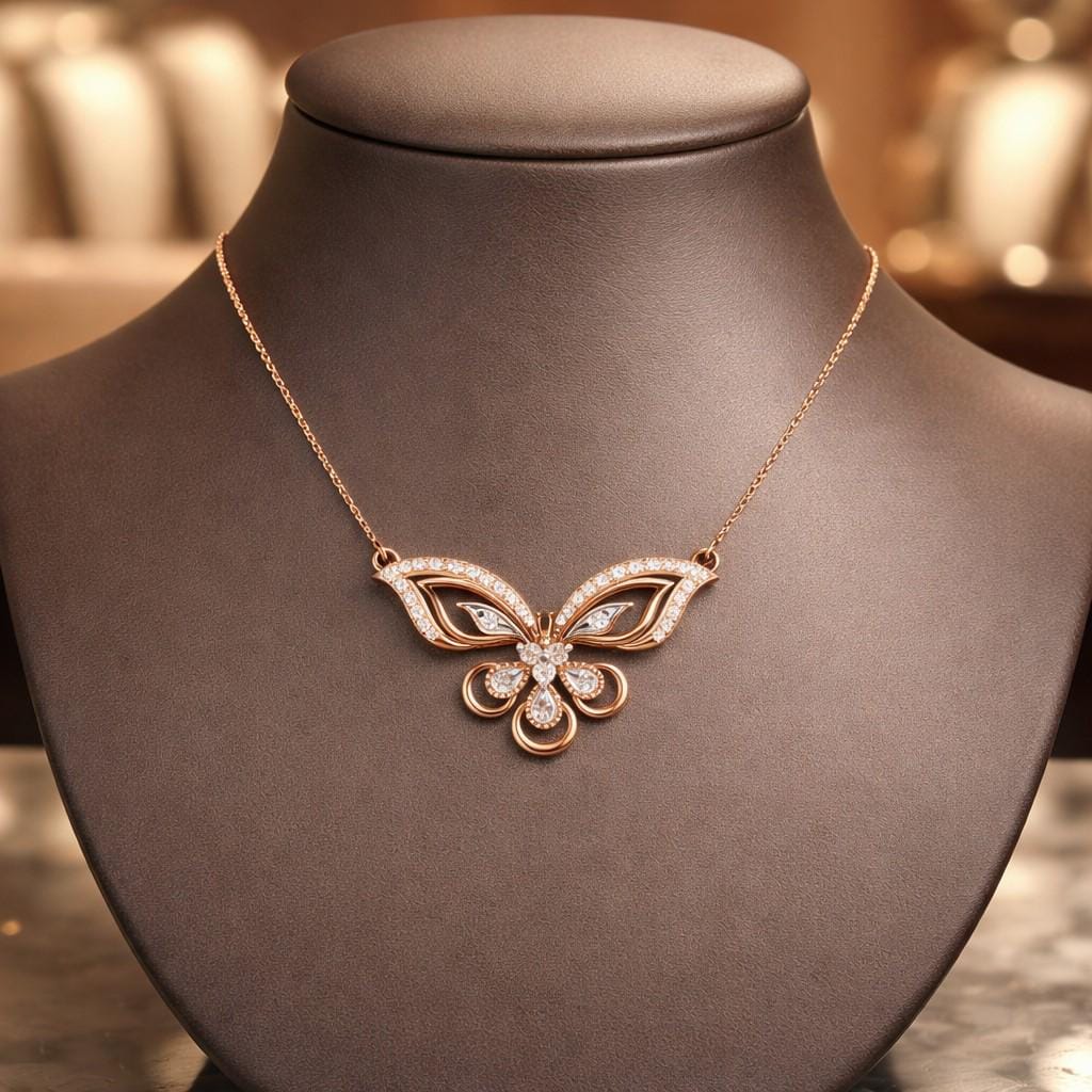 Rose gold butterfly moissanite necklace with elegant pendant and adjustable chain, ideal for bridal and luxury jewelry occasions.