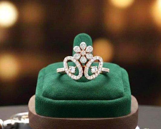 Riora floral halo moissanite diamond crown ring in gold and silver, vintage-inspired bridal engagement promise band with floral design.