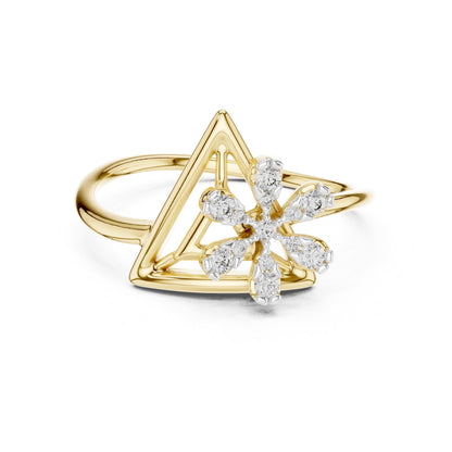 Riora Moissanite flower triangle ring with gold rose gold band, featuring geometric floral design and minimalist diamond style.