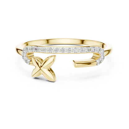 Dainty open band butterfly moissanite ring with pavé diamond look in gold, rose, and silver, featuring minimalist design.