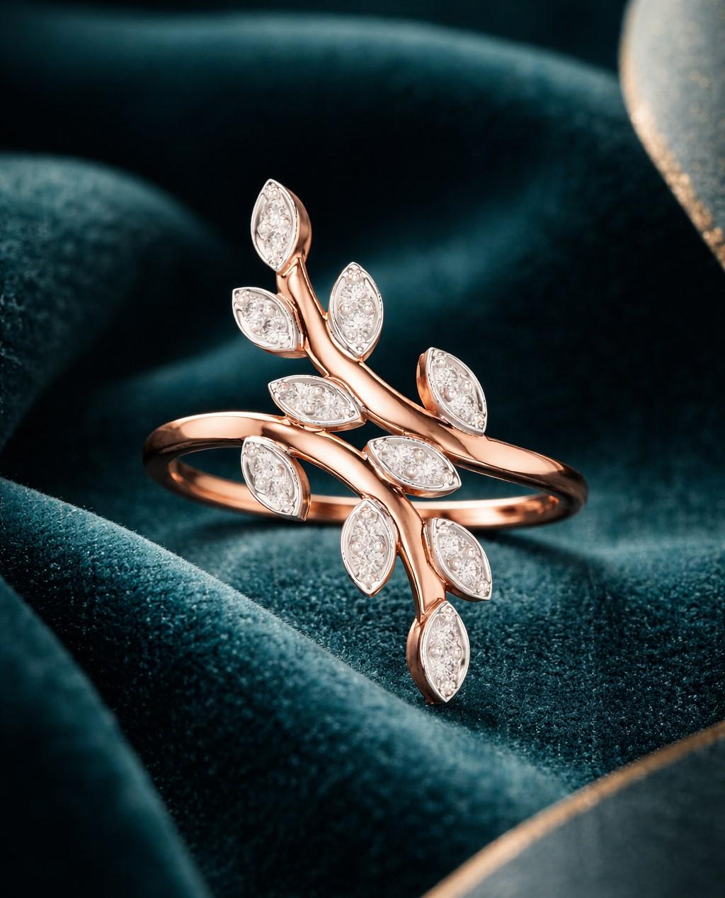 Rose gold Moissanite leaf branch ring with vine design, botanical jewelry for women, inspired by nature, by Riora.