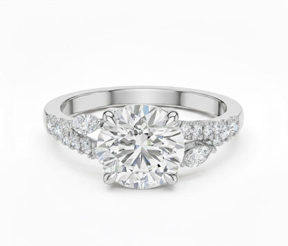Rose gold and silver luxury engagement ring by Riora featuring romantic, nickel-free bridal promise jewelry with elegant design.