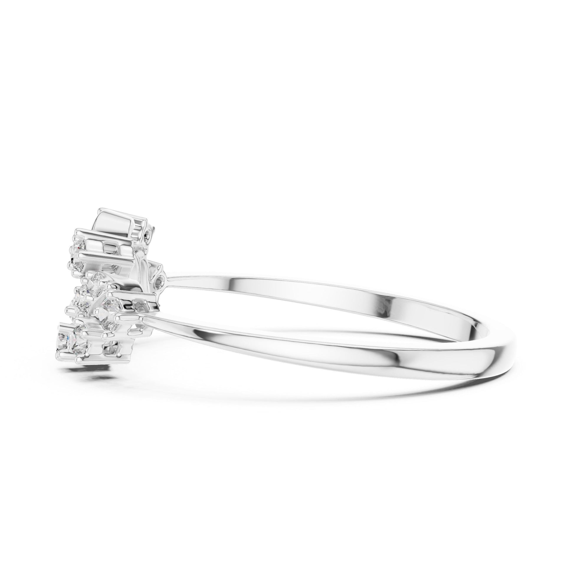 Rose gold floral vine moissanite diamond wedding band with leaf design, dainty engagement ring by Riora featuring sparkling gemstones.
