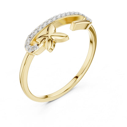 Riora Butterfly Moissanite ring with dainty open band, minimalist design, pavé diamond look in gold, rose, and silver finishes.