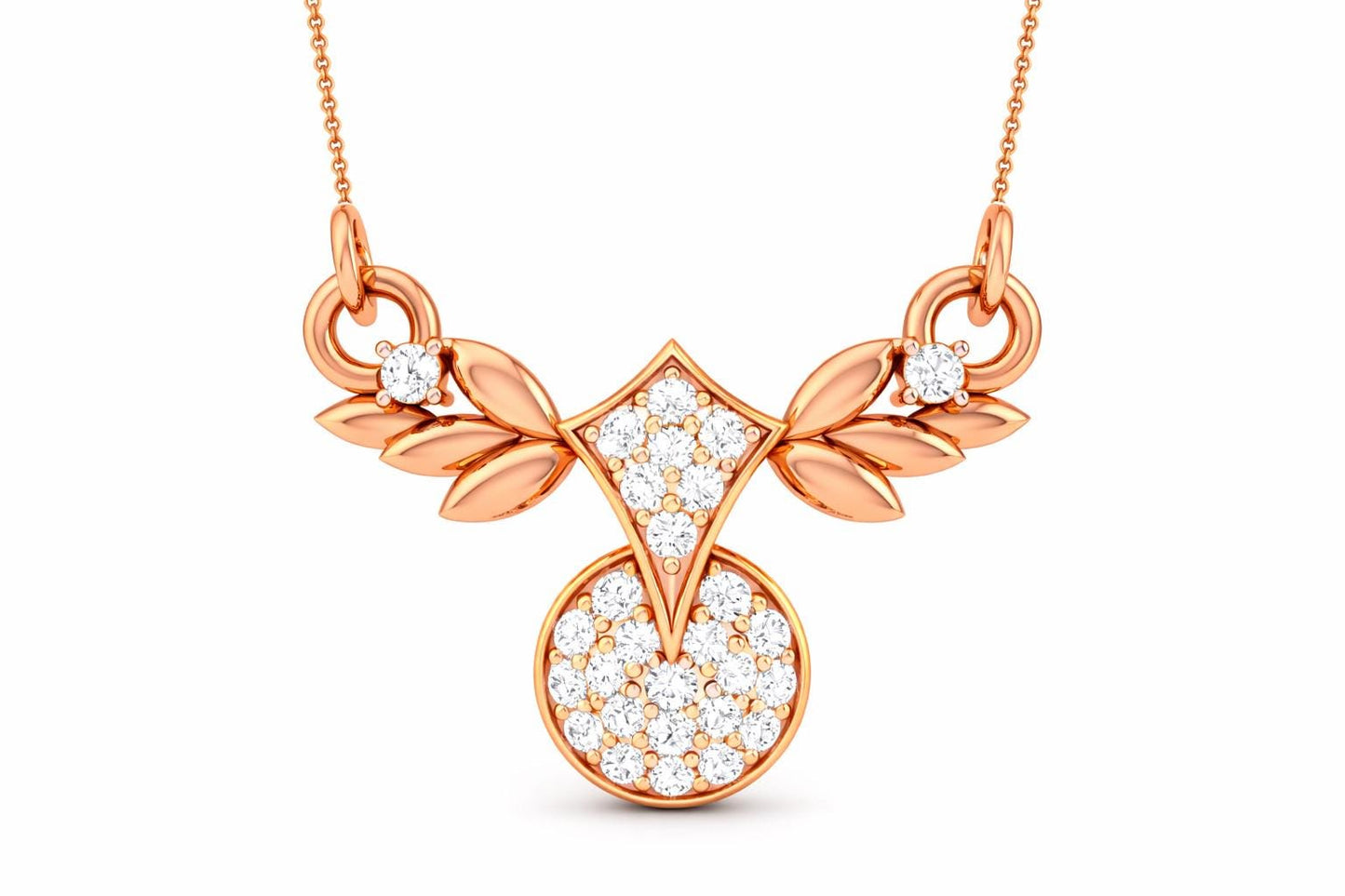 Rose gold moissanite leaf pendant necklace with dainty diamond-like sparkle, perfect bridal jewelry or gift for her.