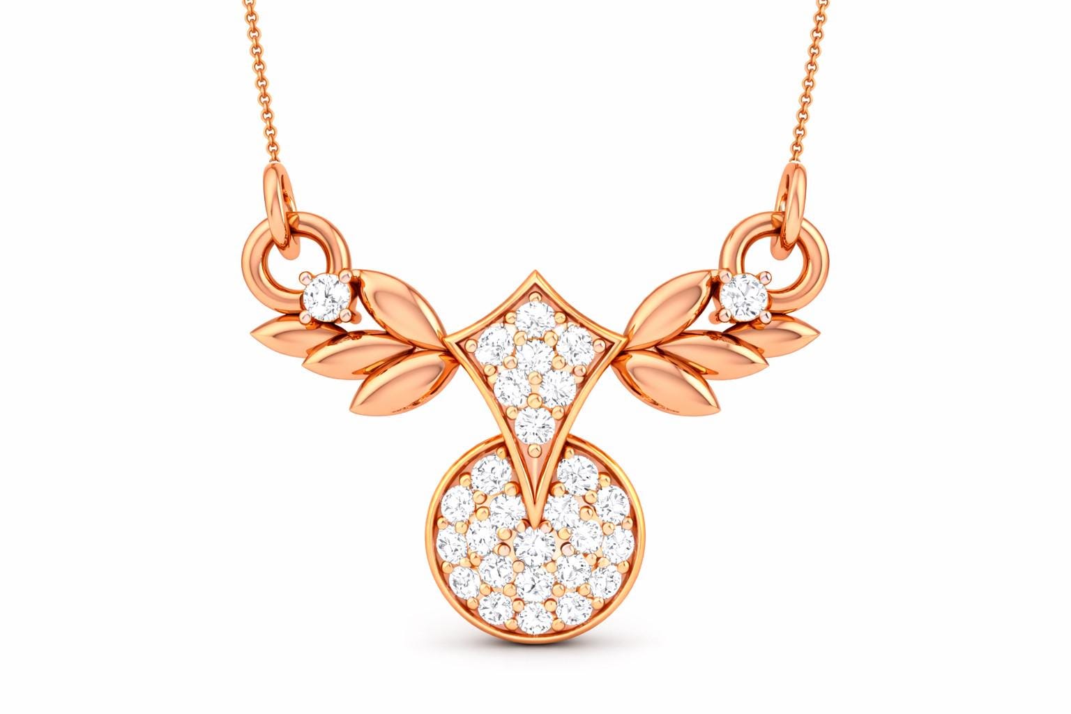 Rose gold moissanite leaf pendant necklace with dainty diamond-like sparkle, perfect bridal jewelry or gift for her.