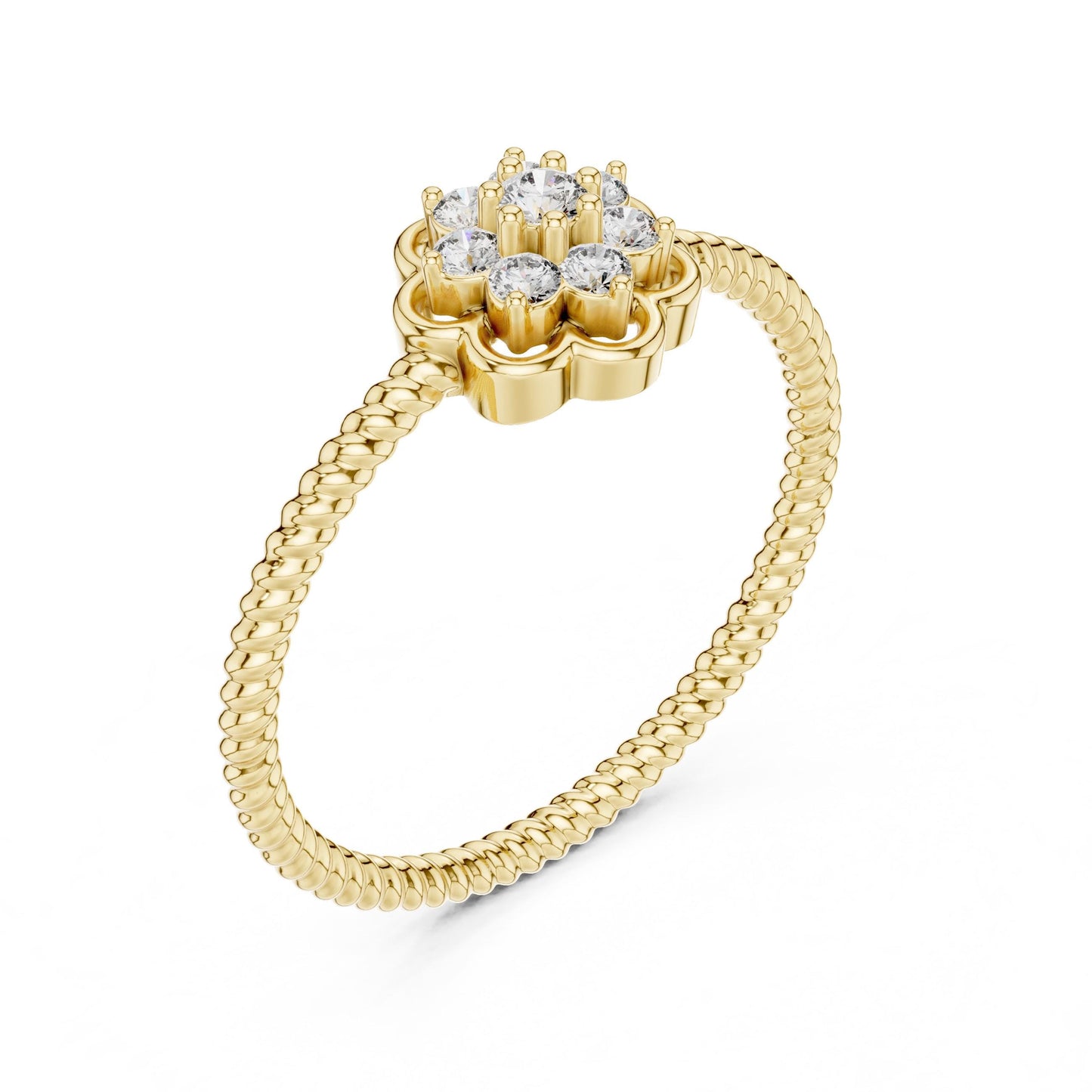 Rose gold floral moissanite diamond cluster ring featuring vintage-style flower design, perfect as an engagement or promise band.