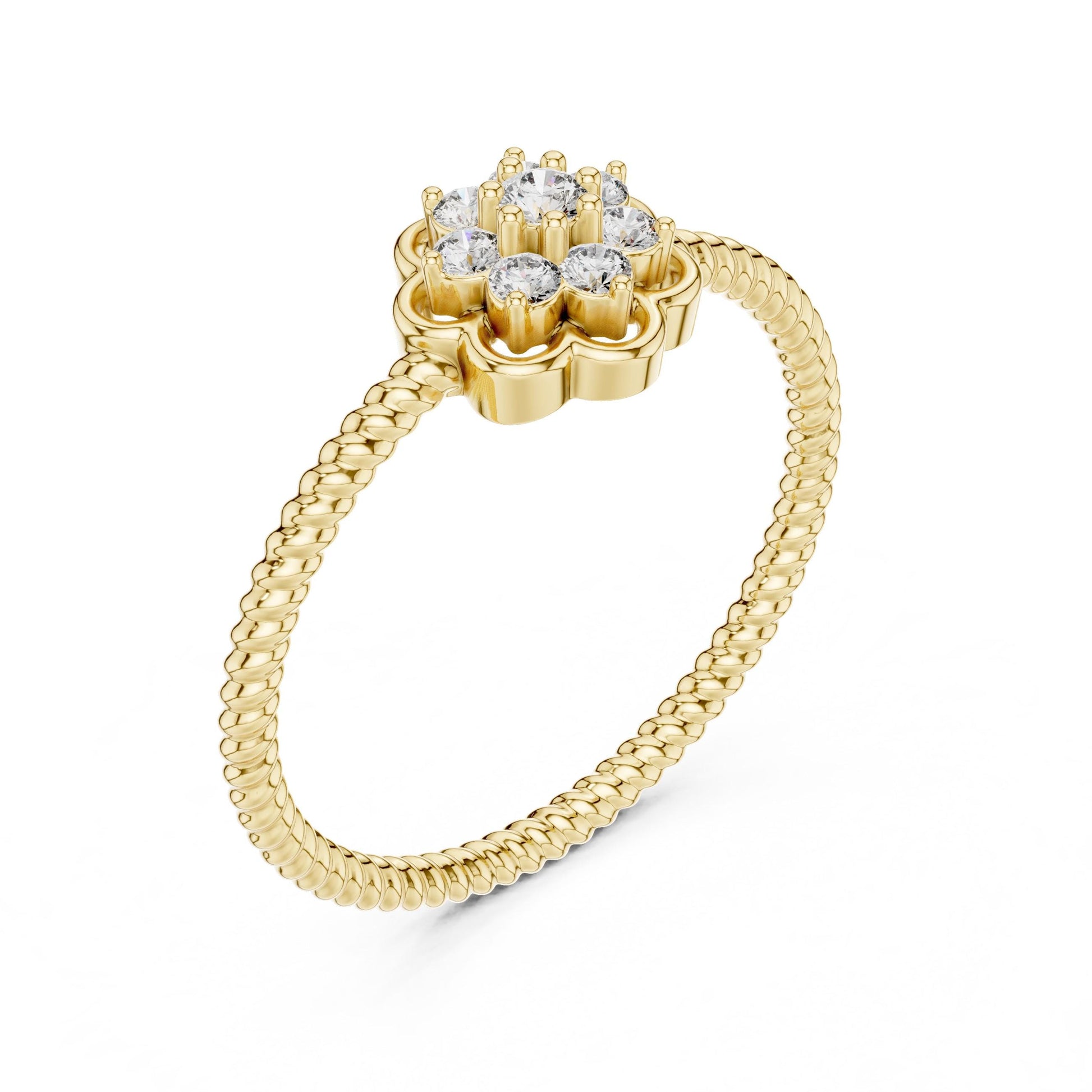 Rose gold floral moissanite diamond cluster ring featuring vintage-style flower design, perfect as an engagement or promise band.