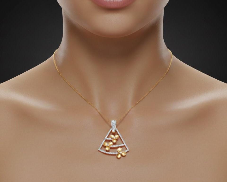 Moissanite Triangle Pendant Necklace in Gold Rose Silver | Floral Geometric Charm | 22in Adjustable Chain
