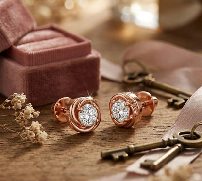 Riora moissanite diamond stud earrings in gold, rose, and silver with minimalist design and tiny sparkling stones for everyday wear.