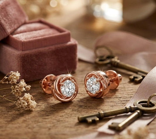 Riora moissanite diamond stud earrings in gold, rose, and silver with minimalist design and tiny sparkling stones for everyday wear.