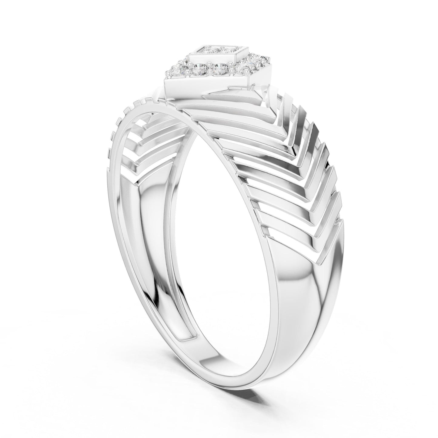 Gold rose geometric CZ chevron wide band ring from Riora featuring hypoallergenic luxury anniversary jewelry design.