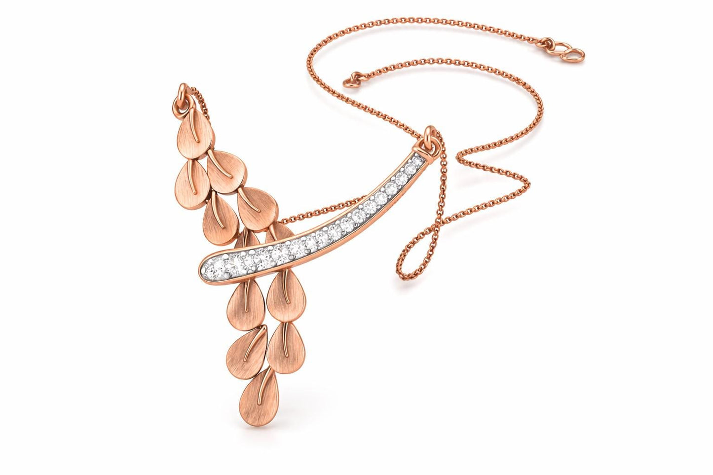 Rose gold moissanite leaf drop necklace with dainty botanical pendant, minimalist bridal jewelry by Riora.