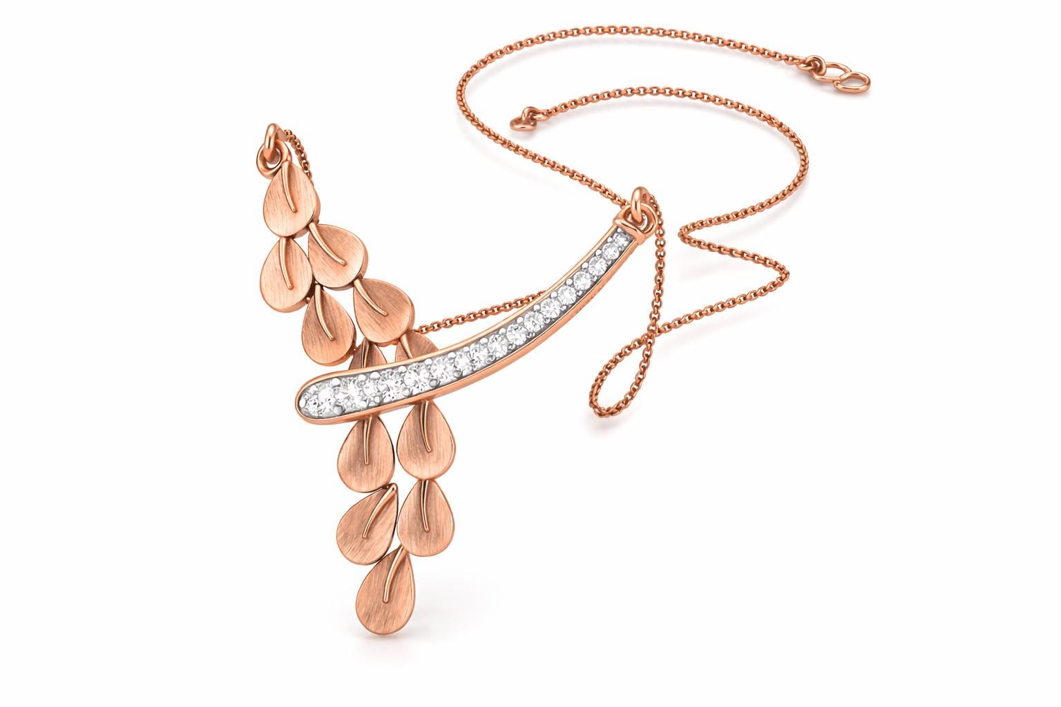 Rose gold moissanite leaf drop necklace with dainty botanical pendant, minimalist bridal jewelry by Riora.