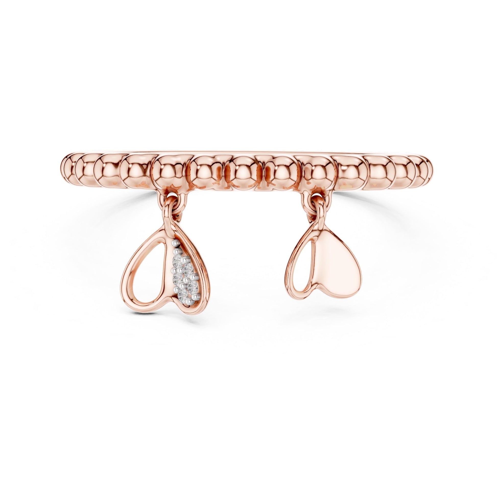 Rose gold Moissanite heart charm ring with dangle details and beaded band, elegant minimal jewelry by Riora