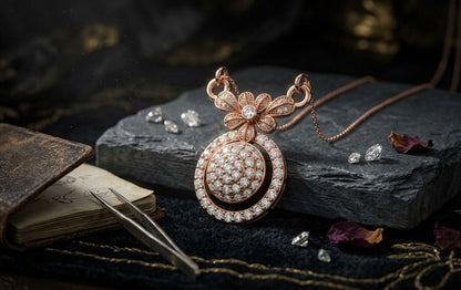 Riora Moissanite floral halo pendant necklace with rose gold finish and adjustable chain, elegant bridal statement jewelry.