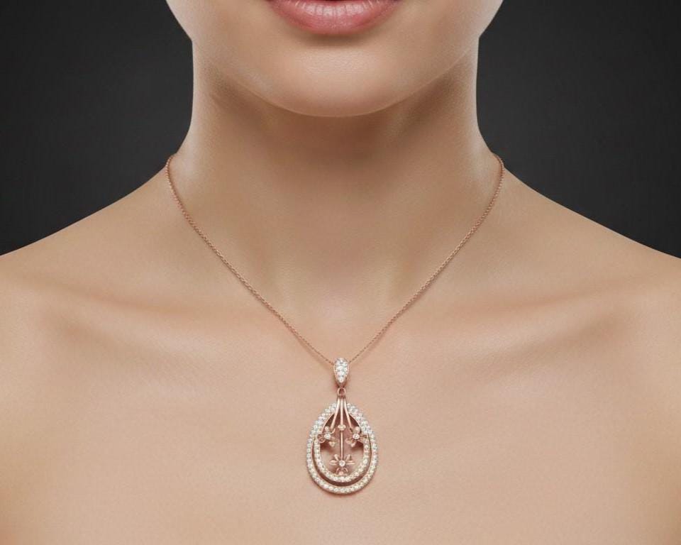 Moissanite Teardrop Pendant Necklace, Floral Diamond Look Charm in Gold Rose Gold Silver Gift