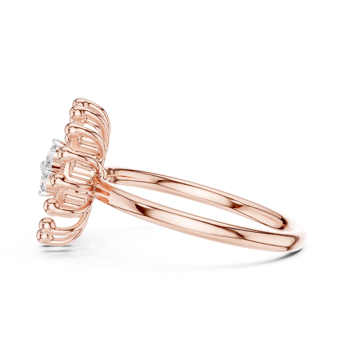 Riora moissanite sunburst ring with celestial halo design in gold, rose gold, and silver, vintage style wedding jewelry.