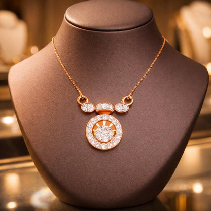 Riora moissanite halo pendant necklace in rose gold, gold, and silver with a circular design and adjustable chain for minimal bridal jewelry.