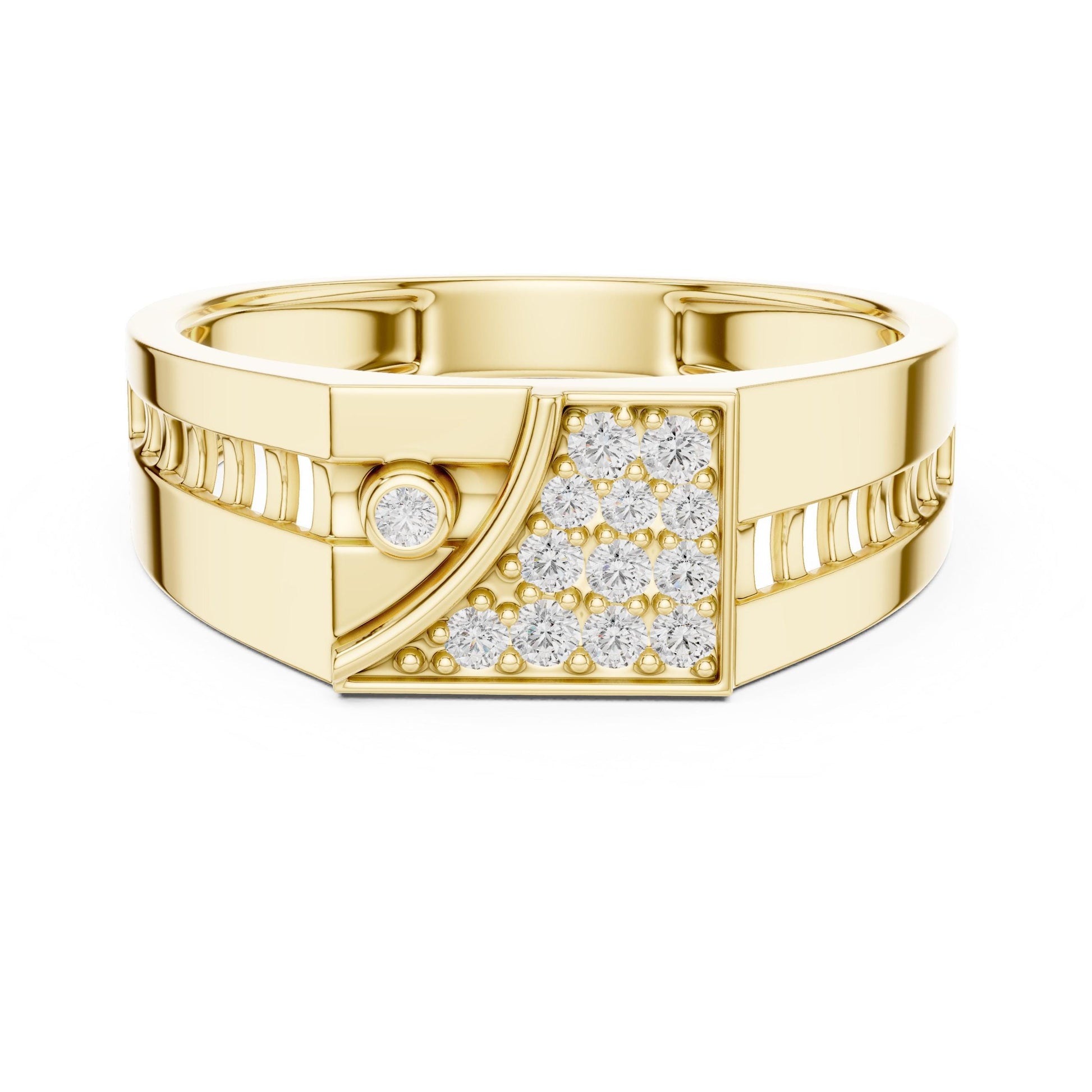 Gold and silver geometric statement ring for men and women by Riora, hypoallergenic jewelry suitable for engagement or fashion.