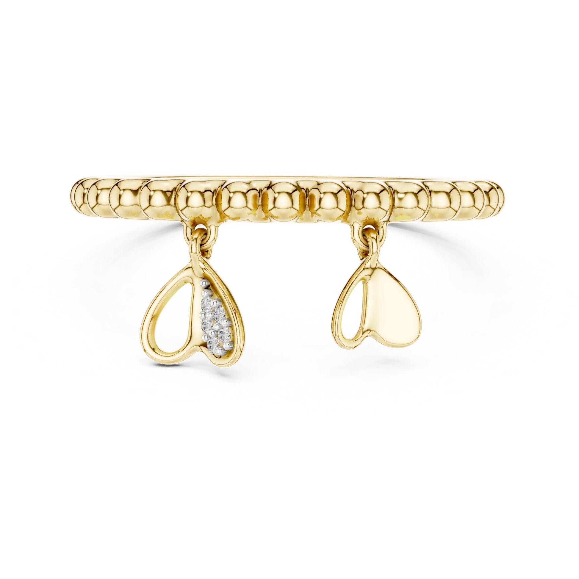 Rose gold Moissanite heart charm dangle ring with beaded band, romantic jewelry by Riora featuring minimalist design.
