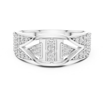 Riora Art Deco CZ triple panel wide band ring showcasing geometric design and sparkling cubic zirconia accents.