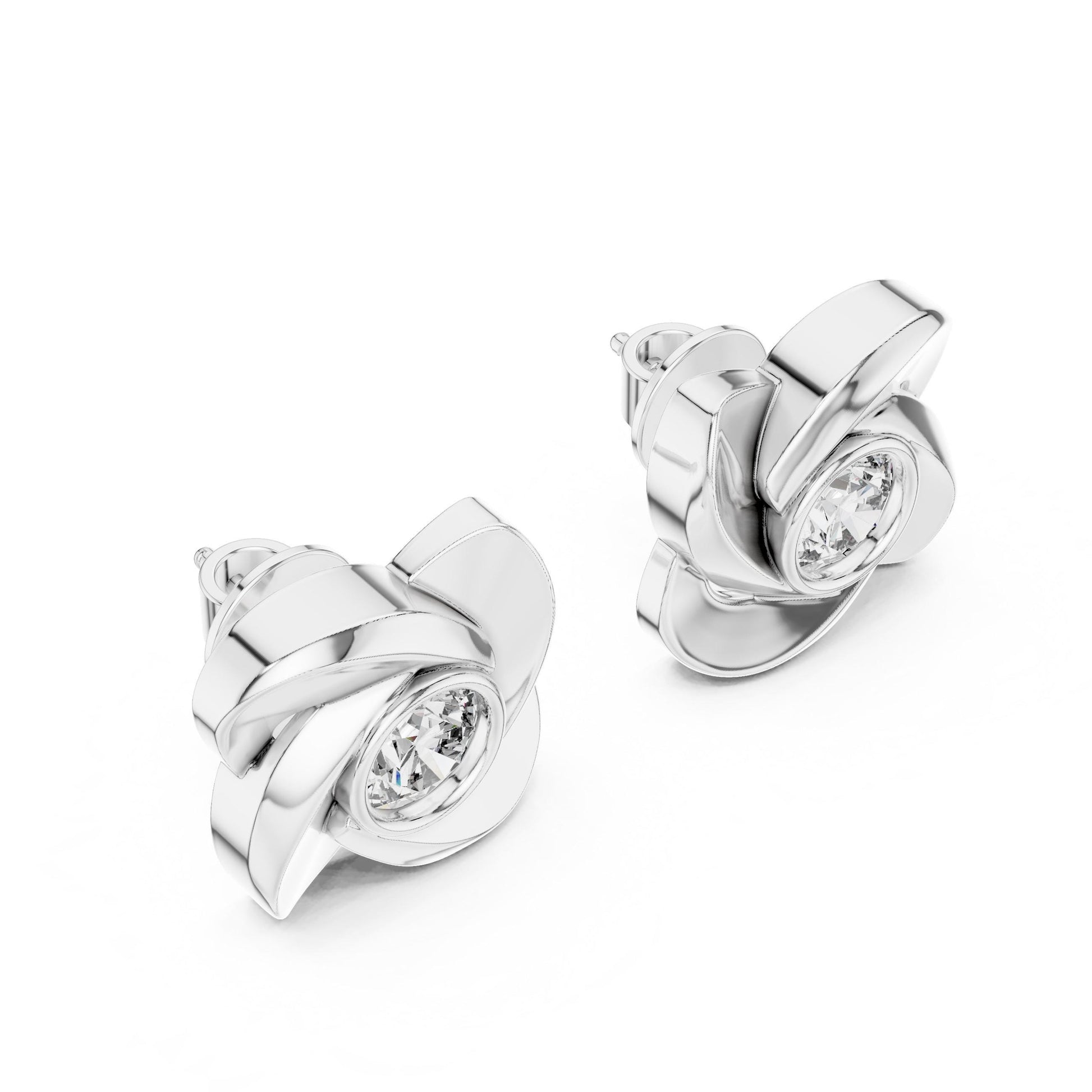 Riora floral moissanite diamond stud earrings in gold and silver with delicate flower design, minimalist bridal jewelry.
