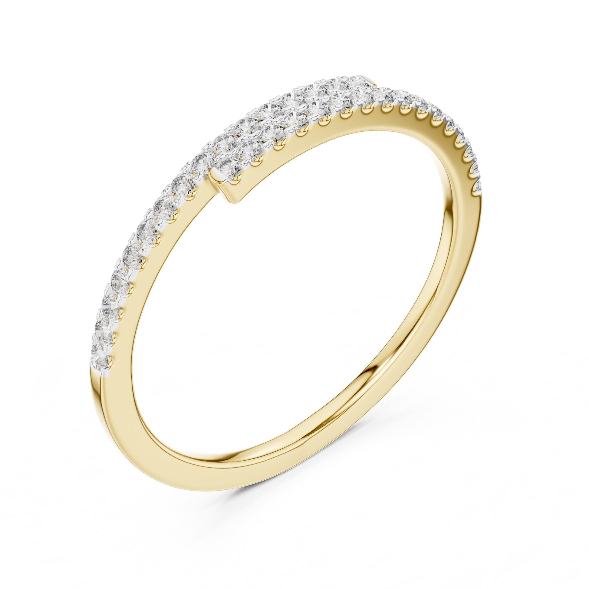 Riora Moissanite curved wedding band with half eternity diamonds, rose gold minimalist stacking ring displayed on a white background.