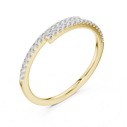 Riora Moissanite curved wedding band with half eternity diamonds, rose gold minimalist stacking ring displayed on a white background.